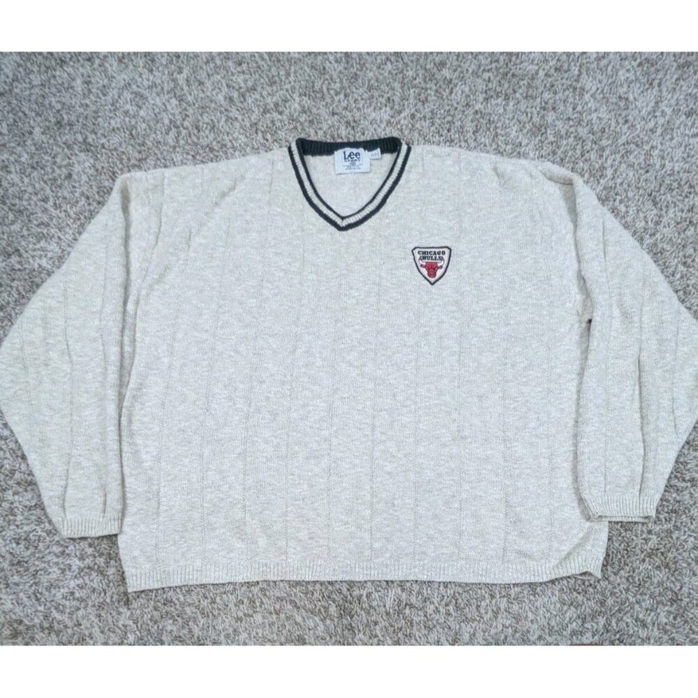 Vintage Lee Sport Chicago Bulls Sweater Mens 2XL XXL Beige V Neck Embroidered